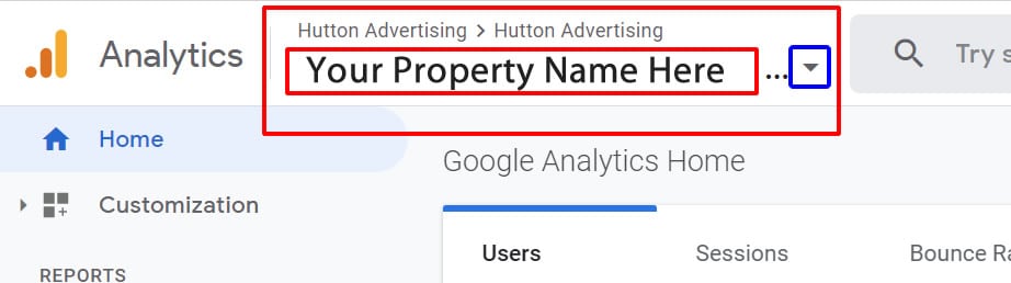 Image to show selecting the appropriate property in Google Analytic before making changes.
